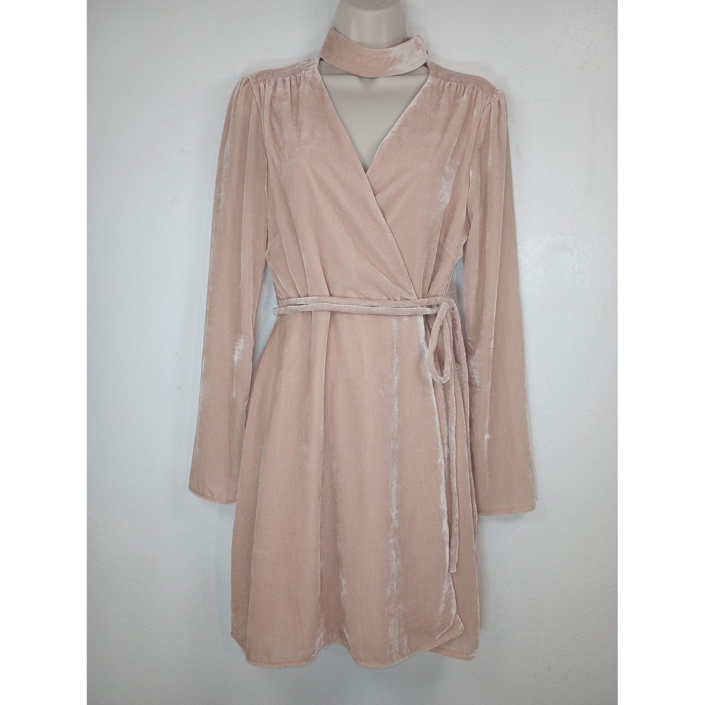WAYF Pink Velvet Choker Neck Wrap Mini Dress Long Sleeve Size S Quiet Luxury